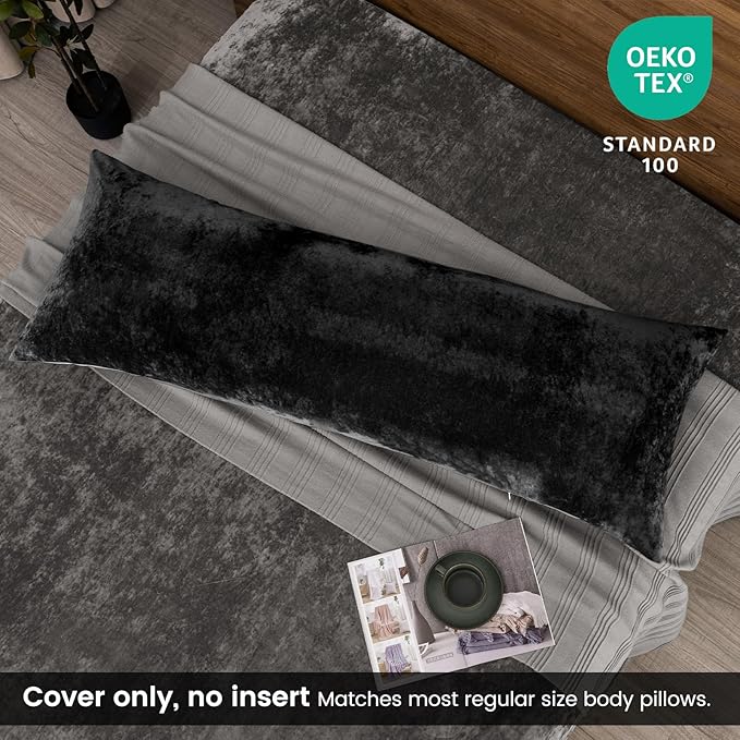 PHF Truly Velvet Zippered Body Pillowcase, No Insert, 1 Pack Ultra Soft Breathable Pillow Sham Cover with Zipper, 20"X 54" Long Luxury Cozy Warm Fuzzy Flannel Body Pillow Case, Black
