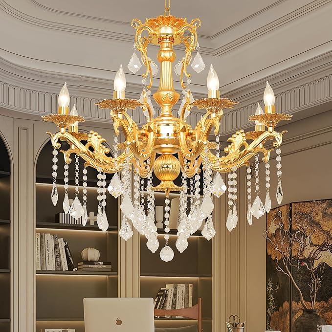 Luxury Gold Crystal Chandelier, 30" Vintage K9 Crystal Pendant Light with 8 Lights, Antique Brass Finish Ceiling Light Fixture with Scrolled Arms for Dining Room Living Room Foyer Villa Hotel