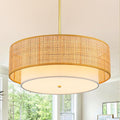 18'' Rattan Farmhouse Chandelier, 3-Lights Boho Large Pendant Light Fixture,Hand Woven Chandeliers for Dining Room with Fabric Shade, Hanging Rattan Drum Light Fixtures for Kitchen Hallway