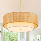18'' Rattan Farmhouse Chandelier, 3-Lights Boho Large Pendant Light Fixture,Hand Woven Chandeliers for Dining Room with Fabric Shade, Hanging Rattan Drum Light Fixtures for Kitchen Hallway