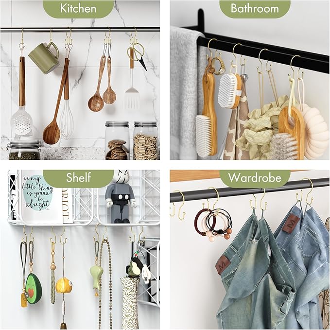 AmazerBath Shower Curtain Hooks Gold Shower Curtain Rings, Simple Double Hook Shower Curtain Hooks Rust Proof, Metal Smooth Shower Hooks for Shower Curtain Rod, 12 Pcs Shower Rod Hook Light Gold