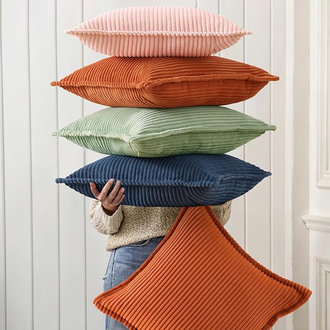 decorUhome Corduroy Navy Blue Throw Pillow Covers 26x26 Set of 2 Decorative Soft Boho Farmhouse Euro Couch Pillow Covers for Living Room Bed Sofa Broadside Striped Pillow Cases