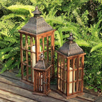 DECORKEY Large Farmhouse Wooden Metal Lantern Set of 3, 27''/22''/15'' H Rustic Decorative Indoor & Outdoor Hanging Candle Lanterns, Wooden Outdoor Lanterns for Patio Front Porch Table, Brown
