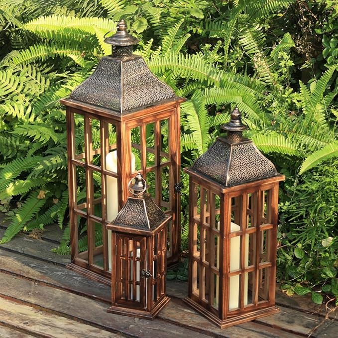 DECORKEY Large Farmhouse Wooden Metal Lantern Set of 3, 27''/22''/15'' H Rustic Decorative Indoor & Outdoor Hanging Candle Lanterns, Wooden Outdoor Lanterns for Patio Front Porch Table, Brown