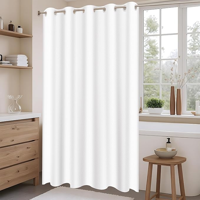 No Hook Shower Curtain, White Modern Chevron Striped Luxury Hotel Style, Washable Waterproof Fabric for Bathroom, 15 Seconds Quick Install, 72W x 80L Inches