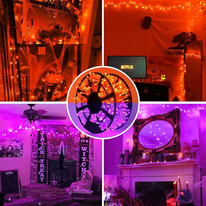 JMEXSUSS Christmas Lights, 8 Modes Waterproof Christmas Light Outdoor Plug in, Clear Wire String Lights Indoor Bedroom 500 LED Orange and Purple 163 FT