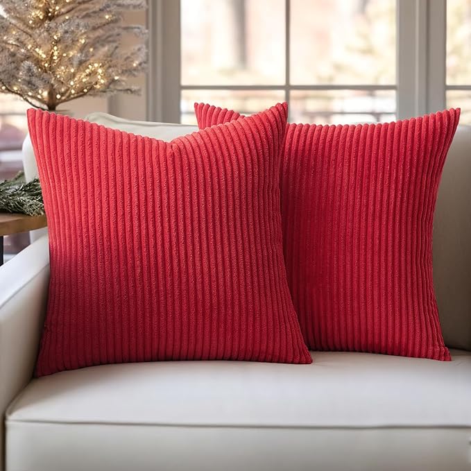 MIULEE Winter Pack of 2 Corduroy Soft Soild Decorative Square Christmas Throw Pillow Covers Set Cushion Cases Pillowcases for Sofa Bedroom Car 22 x 22 Inch Red
