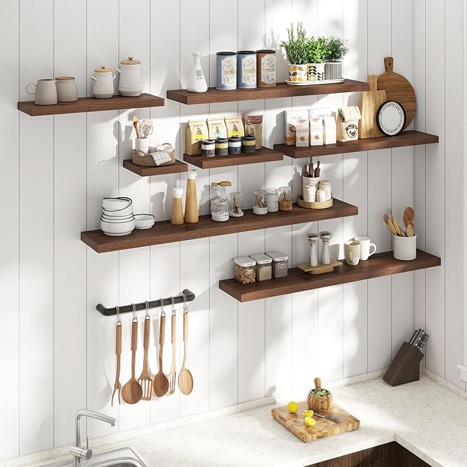 Floating Shelves for Wall with Invisible Brackets, Wall Mounted Engineered Wood Shelves with Wood Grain for Living Room, Bedroom, Bathroom, Kitchen Decor and Storage, Oak, 24"L Set of 2, Walnut