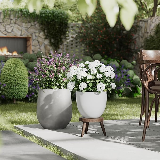 DTY Signature Mount Belford Lightweight and Durable Modern Fiberstone Egg Shaped Planter for Indoor Outdoor Drainage Hole & Rubber Plug Weather Resistant, 10" H x 12" Dia, 10" Opening - Small, White