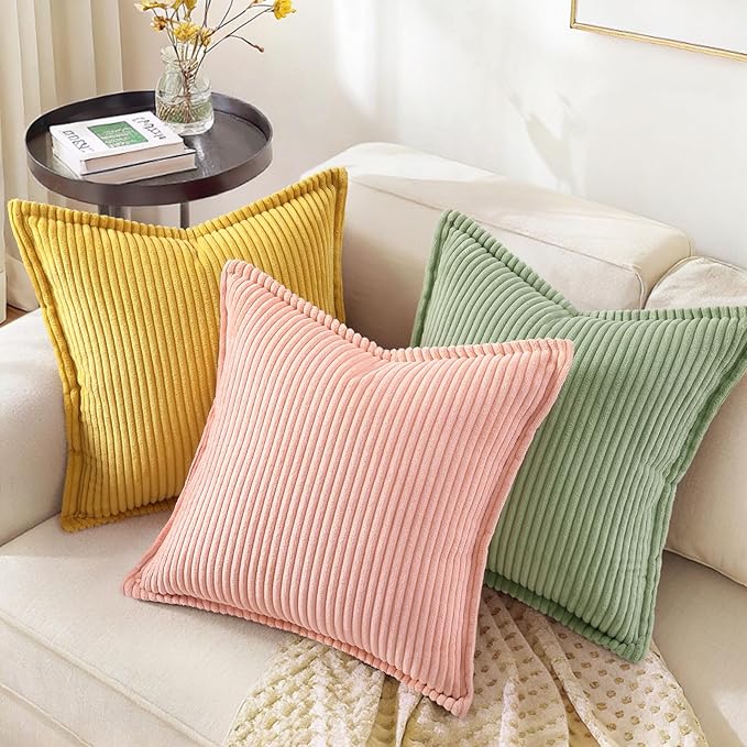decorUhome Corduroy Pink Throw Pillow Covers 24x24 Set of 2 Decorative Soft Boho Farmhouse Euro Couch Pillow Covers for Living Room Bed Sofa Broadside Striped Pillow Cases