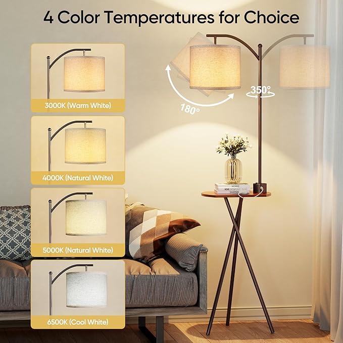 ROTTOGOON Floor Lamp with Table, End Table Lamp with Remote Control and Charging Station(USB & Type-C & AC Port), 4 Color Temperatures, Floor Lamps for Living Room, Bedroom and Home Office,Brown