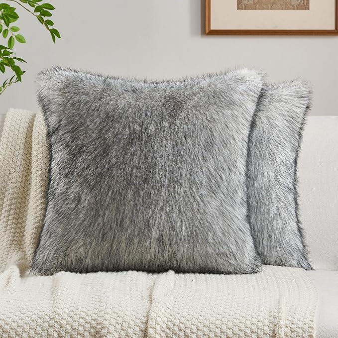 FUTEI Beige Decorative Throw Pillow Covers 18x18 Inch Set of 2,Soft Faux Raccoon Fur Textured Cushion Case,Modern Home Luxurious Decor for Couch Bed Living Room