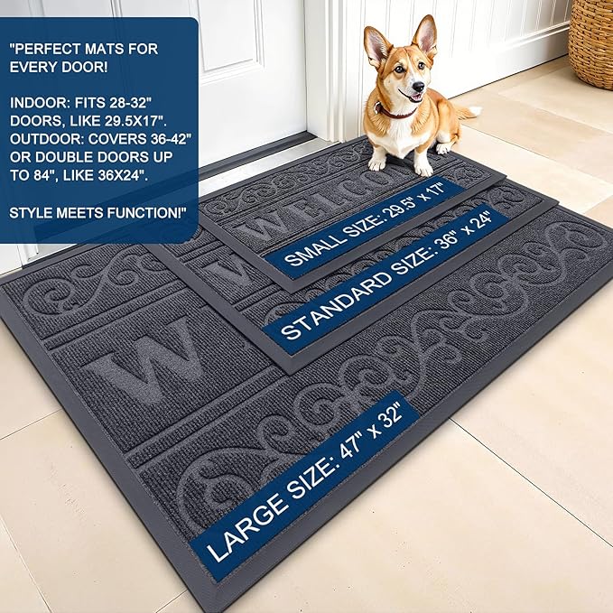 OLANLY Welcome Door Mat Indoor Outdoor Entrance, Heavy Duty Sturdy Front Door Mat, Waterproof All-Weather Doormat, Stain Resistant, Low Profile, Easy Clean Patio Entryway Mat, 47 x 32, Grey