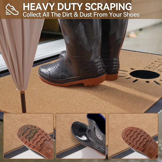 Dirt Trapping Outdoor Welcome Mats, 17x30 Durable Non-Slip Door Mat Outside Entrance, Low Profile Easy Clean Doormat for Patio Porch Front Indoor Entryway, Brown