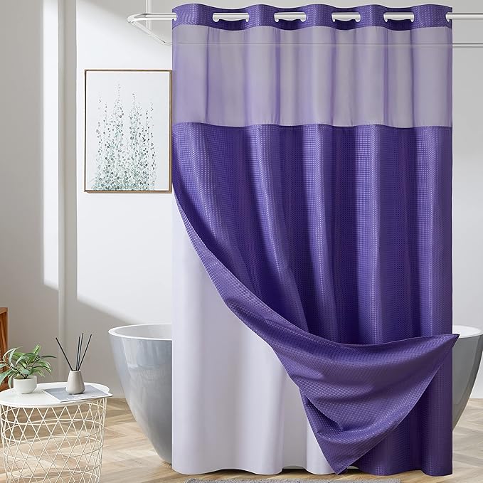 Furlinic Stall Shower Curtain No Hook with Snap in Liner,Waffle Weave Waterproof Bathroom Curtains with See Through Top Window & Weighted Magnets,Purple,54x80 Inch
