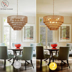 25.6" Large Rattan Chandelier Vintage 8-Lights Farmhouse Boho Hand-Woven Bamboo Chandelier Light Fixture Retro Drum Wicker Golden Chandeliers for Dining Room, Kitchen, Bedroom, E12