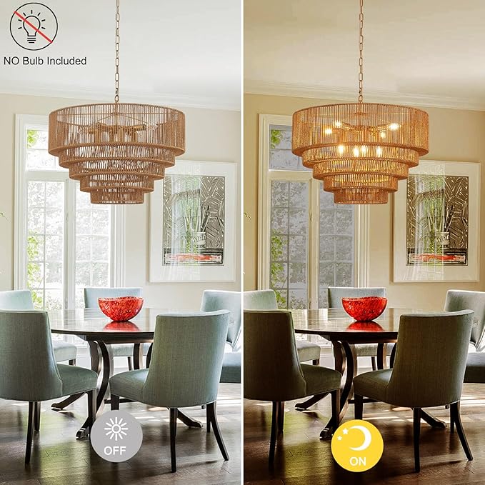 25.6" Large Rattan Chandelier Vintage 8-Lights Farmhouse Boho Hand-Woven Bamboo Chandelier Light Fixture Retro Drum Wicker Golden Chandeliers for Dining Room, Kitchen, Bedroom, E12