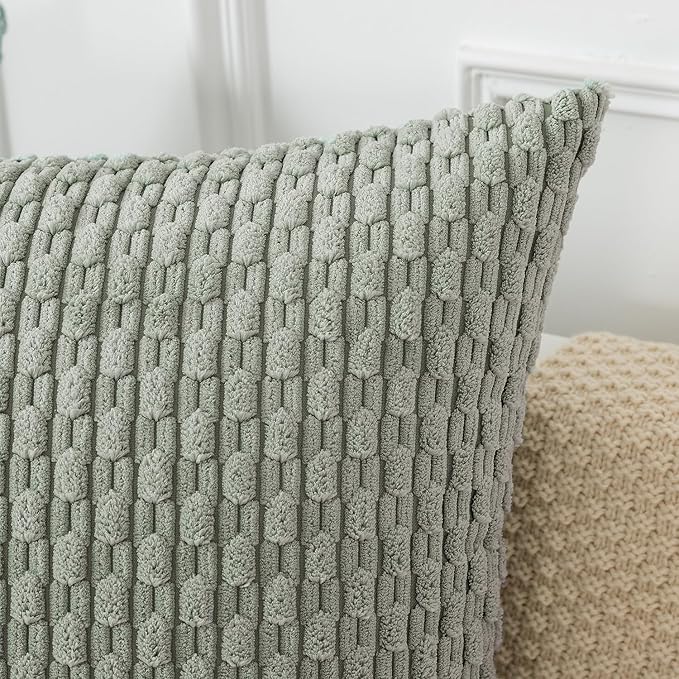 Kevin Textile Throw Pillow Covers Soft Corduroy Decorative Set of 2 Boho Striped Pillow Covers Pillowcases Farmhouse Home Decor for Couch Bed Sofa Living Room 24x24 Inch Greyish Green