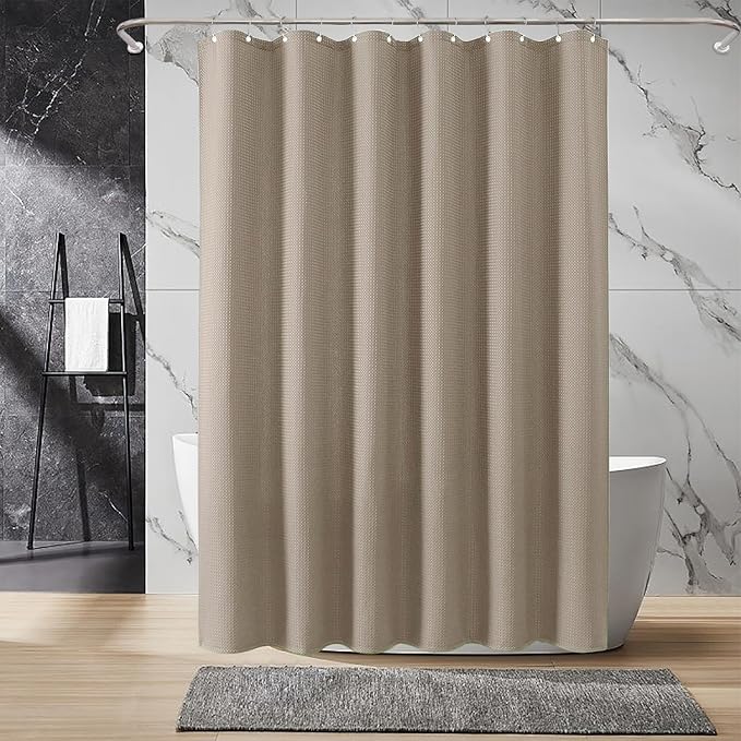 Inhousolu Fabric Shower Curtain Waffle Weave, 230 GSM Heavy Duty, Weighted Hem, 14 Metal Hooks, Water Repellent, Machine Washable, Hotel Spa Luxury Bath Curtain Set, 72 x 96 Inch, Beige