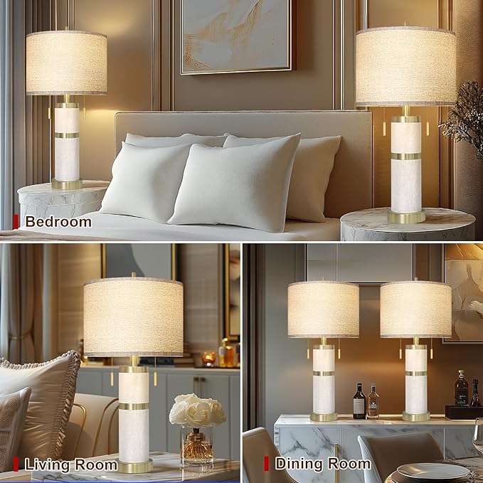 25" Linen Fabric Table Lamps Set Of 2,Lamps for Living Room With Linen Shade,S Cluster Pull Chains Dual Switch Nightstand Lamps With USB A+C Ports,Modern Lamp for Living Room,Bedroom,(Bulb Included)