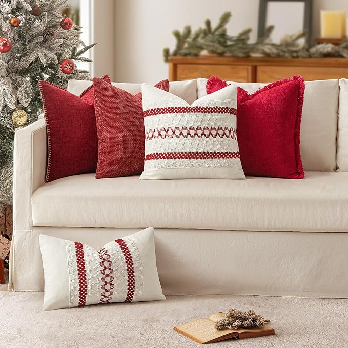 MIULEE Set of 2 Christmas Red Boho Decorative Pillow Covers 20x20 Inch Farmhouse Rustic Couch Throw Pillows Modern Cotton Cushion Covers Retro Cute Macrame Woven Home Decor for Bed Sofa Chair