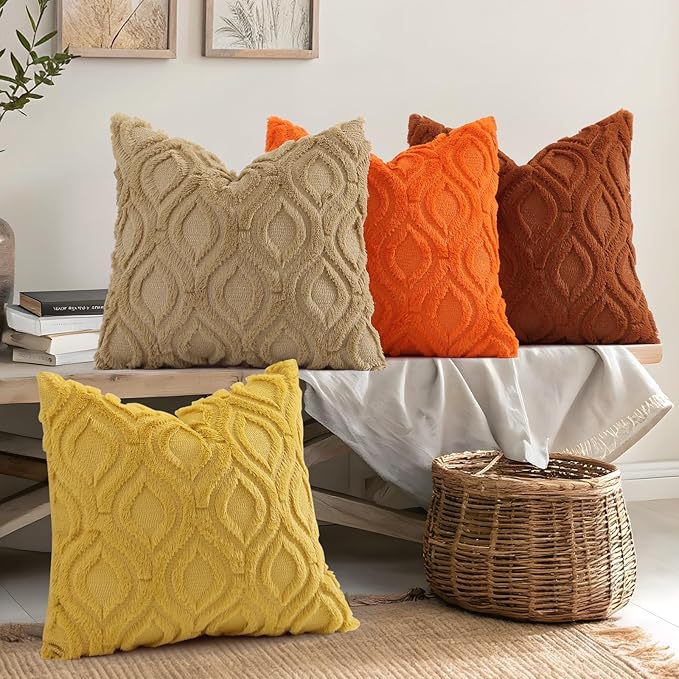 decorUhome Fall Throw Pillow Covers 20x20 Inch Set of 2, Soft Plush Decorative Faux Fur Rust Solid Couch Pillow Covers, Accent Farmhouse Neutral Square Euro Pillow Cases for Sofa Bed Living Room