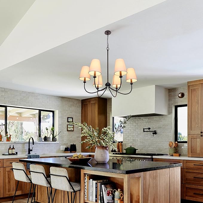 Chandelier, Matte Black with Linen Fabric Shade, 6-Light 28" Modern Farmhouse Linear Pendant Lighting Fixture for Kitchen Island (Black)