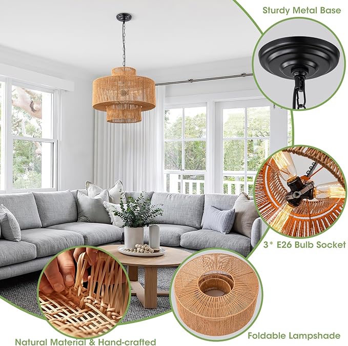 Large Rattan Pendant Light Fixture Dinning Room Chandelier Boho Hanging Light 3-light Chandelier Basket Lamp Shade Hand Woven Pendant Light for Kitchen Island Hallway Bedroom Farmhouse Living Room