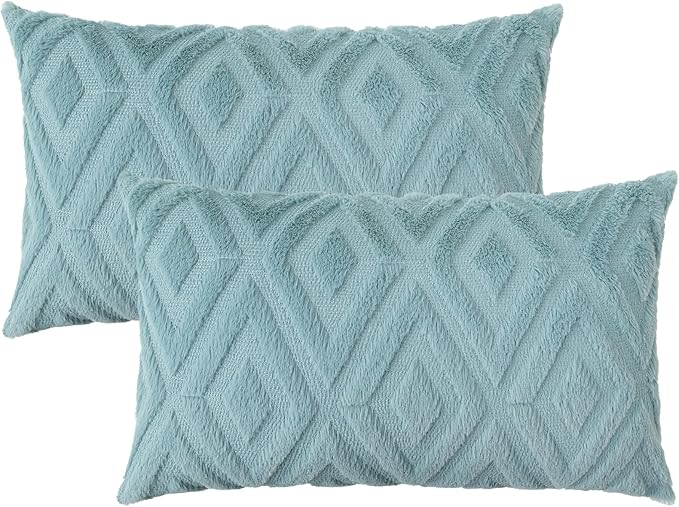 Pallene Light Teal Throw Pillow Covers 12x20 Set of 2, Soft Plush Faux Fur Decorative Lumbar Couch Pillow Covers for Sofa Bed Living Room Pillow Cases with 3D Diamond Pattern