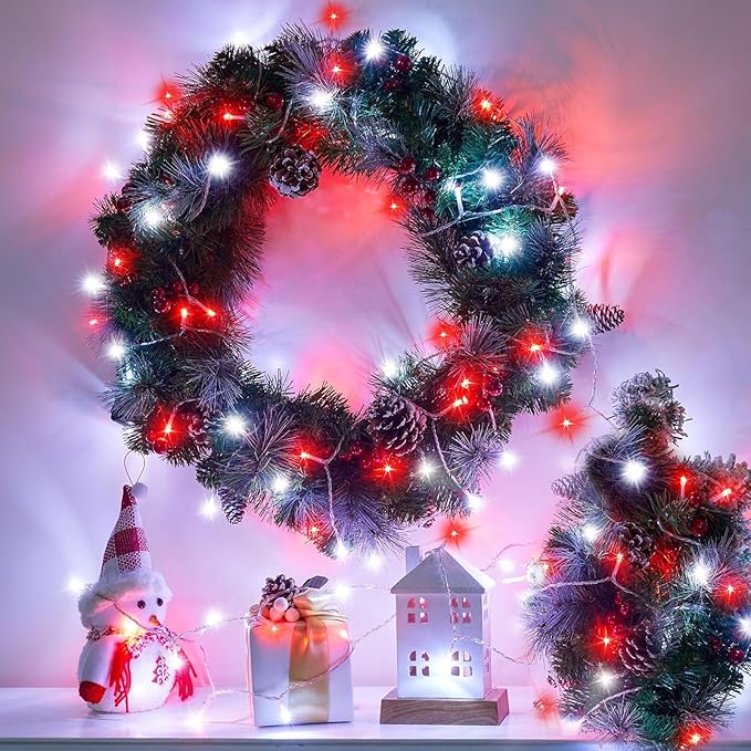 120 LED Red and White Christmas Lights Outdoor, 40ft Christmas String Lights 8 Modes Red White Fairy Lights for Bedroom Decorations