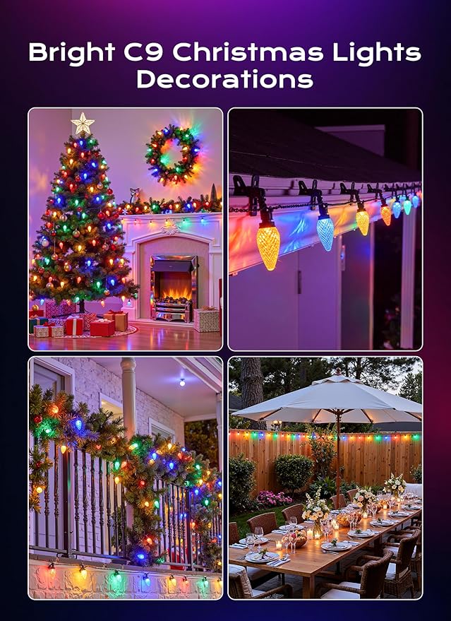 C9 Christmas Lights Outdoor, 66 FT 100 LED Connectable C9 String Lights with 8 Modes and Timer Extendable Xmas Tree Patio Roofline Garden Yard Holiday Party Indoor Outdoor Decoration, Multicolor