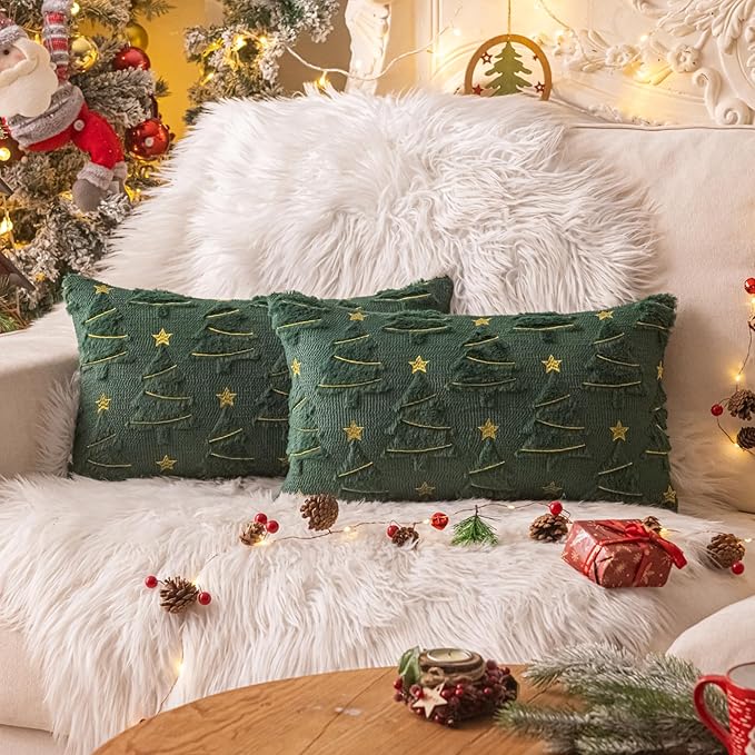 AQOTHES Christmas Tree Decorative Green Throw Pillow Covers 12x20 Set of 2, Faux Fur Farmhouse Throw Pillows Cushion Cases for Xmas Winter Holiday Home Decor