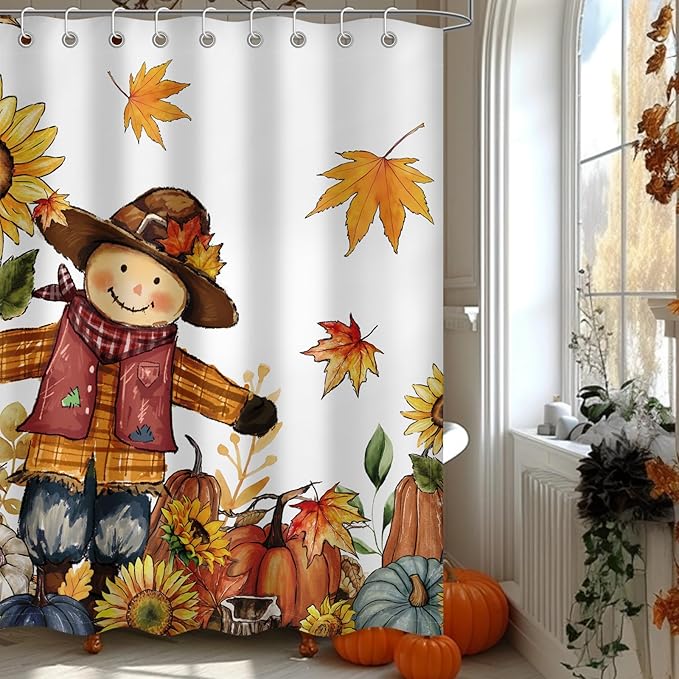 Scarecrow Pumpkin Harvest Shower Curtain, Autumn Thanksgiving Home Decor Fall Bathroom Curtain Set - 72x72 Inch Waterproof Polyester Fabric with Hooks