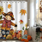 Scarecrow Pumpkin Harvest Shower Curtain, Autumn Thanksgiving Home Decor Fall Bathroom Curtain Set - 72x72 Inch Waterproof Polyester Fabric with Hooks