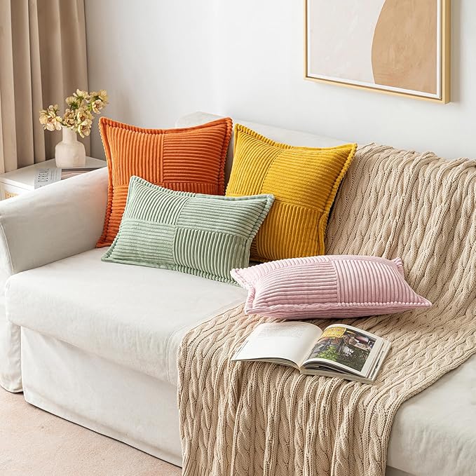 MIULEE Decorative Lumbar Throw Pillow Covers for Couch Bed Livingroom 12x20 Inch Set of 2 Pink Boho Accent Throw Pllows Broadside Striped Patchwork Soft Corduroy Pillowcases