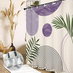 Boho Mid Century Leaf Shower Curtain Set,Arch Sun Design,Minimalistic Leaves Pattern,Waterproof and Luxurious Fabric-12 Hooks(Purple-72" x 72")