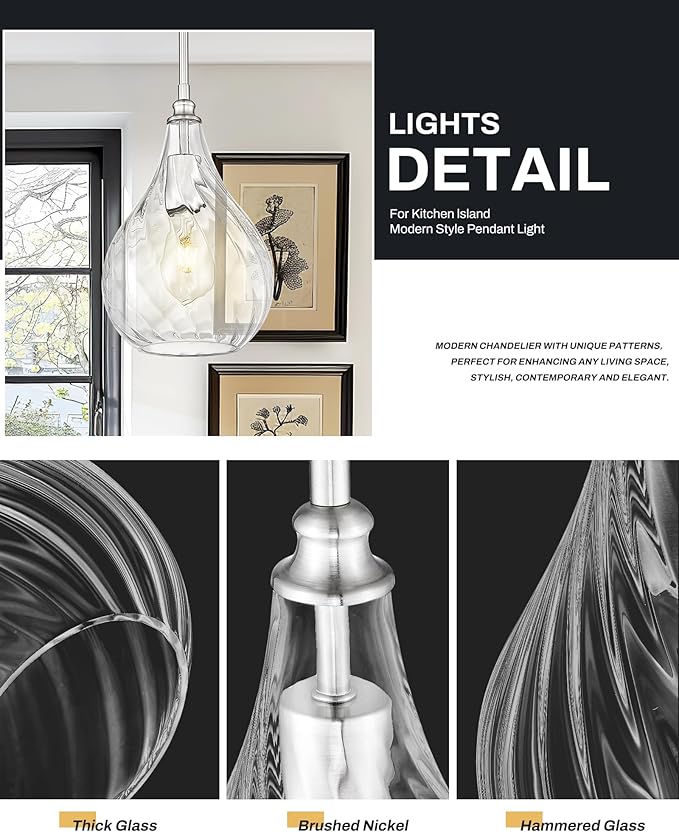 TENGXIN 8 Inch Hanging Pendant Lights,Island Lights for Kitchen,Brushed Nickel Finished Hammered Pendant Light,Farmhouse Pendant Light for Dining Room,Bedroom,TXPLBN12-L