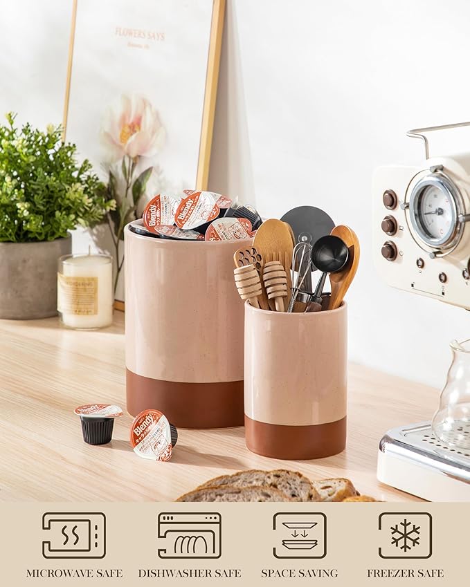MALACASA Utensil Holder, 7.3"+5.5" Ceramic Kitchen Utensil Holder for Countertop, Large Cooking Utensil Crocks for Kitchen Counter, Farmhouse Utensils Organizer, Set of 2, Khaki Pink, Series TARA