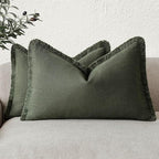 Foindtower Set of 2 Decorative Linen Fringe Throw Pillow Covers Farmhouse Cushion Cover with Tassels Accent Pillowcase for Couch Bed Sofa Living Room Home Bedroom Decor,12×24 Inch,Dark Olive Green