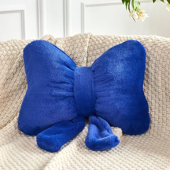 Bow Pillow, Soft Bow Decorative Pillows with Faux Rabbit Fur, Cute Bow Throw Pillows, Aesthetic Home Decor Bow Shaped Plush Pillow for Bedroom Sofa Couch (Royal Blue, Small-12 Inch)