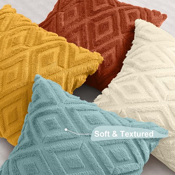 decorUhome Pack of 4 Faux Fur Throw Pillow Covers 20x20, Soft Decorative Couch Pillow Covers with Velvet Back for Modern Sofa Living Room, Yellow/Rust