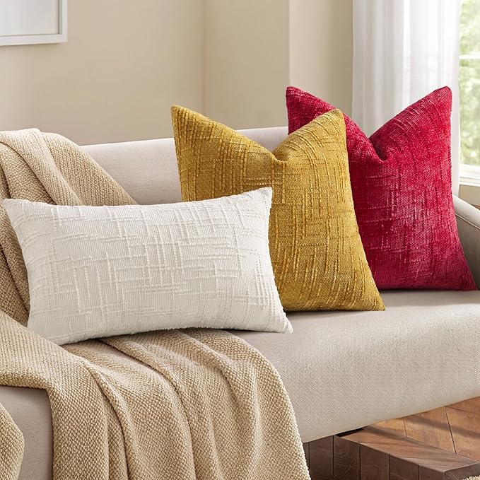 decorUhome Christmas Red Chenille Throw Pillow Covers 16x16 Set of 2 Thick Textured Slubby Couch Pillow Covers Farmhouse Accent Modern Neutral Decorative Pillow Cases for Bed Sofa Living Room