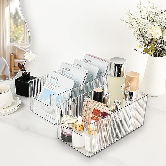 JessLab U-Shape Makeup Organizer, 4-Compartment PET Cosmetic Storage Box with Removable Dividers, Stackable Design for Bathroom Counter and Desk, 1 Pack