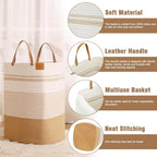 danpinera Large Laundry Hamper – 75L Tall Woven Cotton Storage Basket with Leather Handles, Slim Dirty Clothes Hamper, Decorative Storage Basket for Blanket,Toys White & Jute