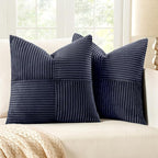 MIULEE Dark Blue Corduroy Pillow Covers Pack of 2 Boho Decorative Spliced Throw Pillow Covers Soft Solid Couch Pillowcases Cross Patchwork Textured Cushion Covers for Living Room Bed Sofa 18x18 inch