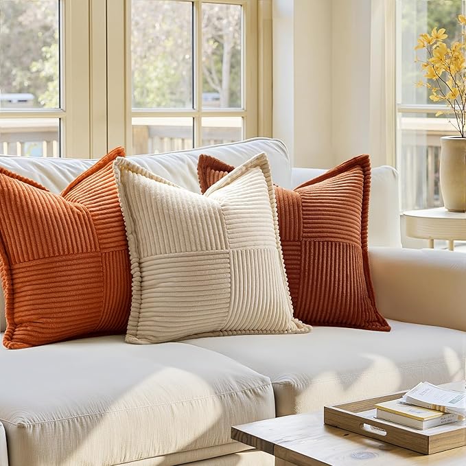 MIULEE Dark Rust Fall Decorative Throw Pillow Covers for Couch Bed Livingroom 20x20 Inch Set of 2 Boho Accent Throw Pllows Broadside Striped Patchwork Soft Corduroy Pillowcases