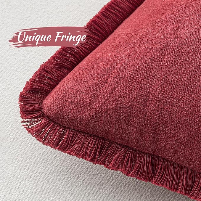 MIULEE Christmas Decorative Lumbar Throw Pillow Covers Neutral Linen Fringe Throw Pillows Set of 2 Burgundy Boho Farmhouse Cushion Covers for Couch Sofa Bed Living Room Spring Home Decor 12x20 Inch