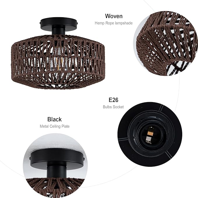 MAYNA 11.8" Rattan Ceiling Light, Mini Boho Light Fixture with LED Bulb, Hand Woven Bohemian Ceiling Light Fixtures Flush Mount for Hallway Bedroom Living Room Dining Room Entryway