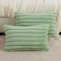 FUTEI Sage Green Striped Decorative Throw Pillow Covers 12x20 Inch Set of 2,Rectangle Winter Decorations Couch Lumbar Pillowcase,Soft Cozy Faux Rabbit Fur & Velvet Back,Modern Home Decor for Bed