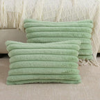 FUTEI Sage Green Striped Decorative Throw Pillow Covers 12x20 Inch Set of 2,Rectangle Winter Decorations Couch Lumbar Pillowcase,Soft Cozy Faux Rabbit Fur & Velvet Back,Modern Home Decor for Bed